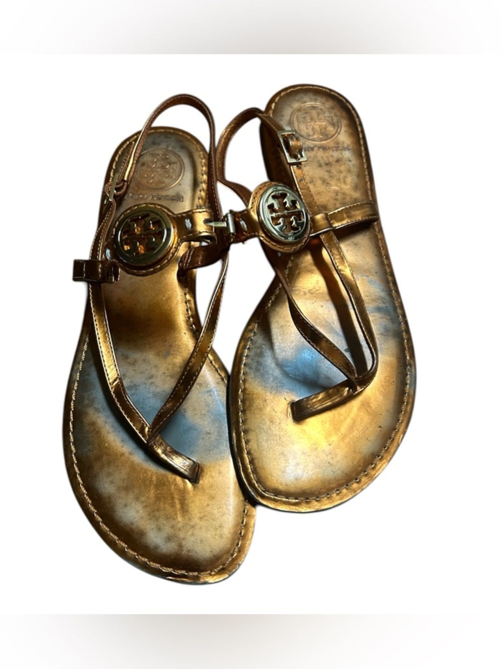 Tory Burch Metallic Gold Leather T-Strap Logo Sandals